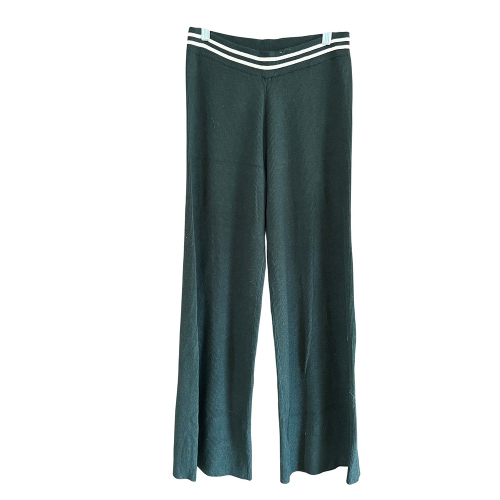 Skies Are Blue Bohme Hunter Green Ribbed Wide Leg Knit Pants Striped Waist Sz M